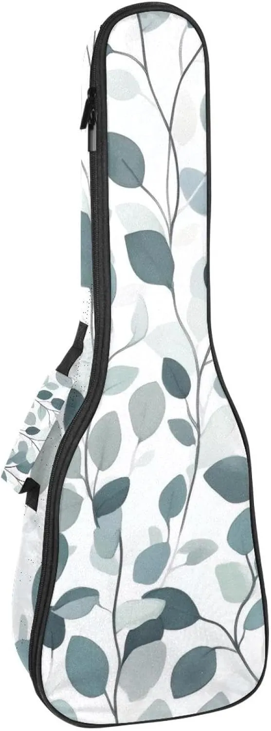 23 Inch Concert Ukulele Case Gray Sage Green Seamless Leaves and Plants Ukulele Padded Bag with Storage and Shoulder Straps