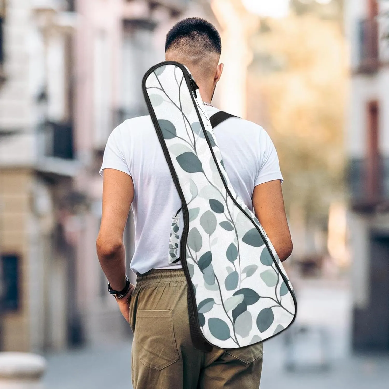 23 Inch Concert Ukulele Case Gray Sage Green Seamless Leaves and Plants Ukulele Padded Bag with Storage and Shoulder Straps