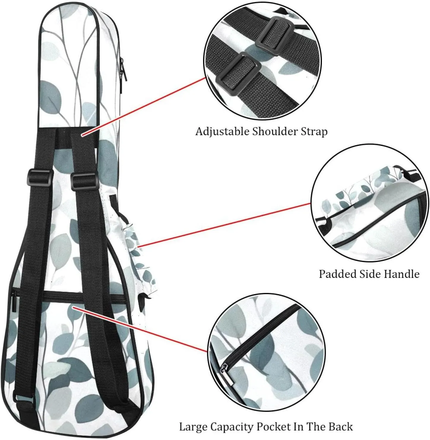 23 Inch Concert Ukulele Case Gray Sage Green Seamless Leaves and Plants Ukulele Padded Bag with Storage and Shoulder Straps