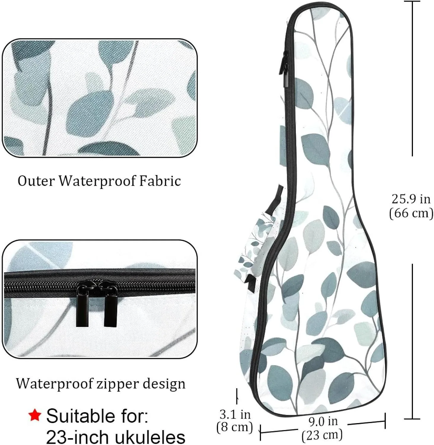 23 Inch Concert Ukulele Case Gray Sage Green Seamless Leaves and Plants Ukulele Padded Bag with Storage and Shoulder Straps