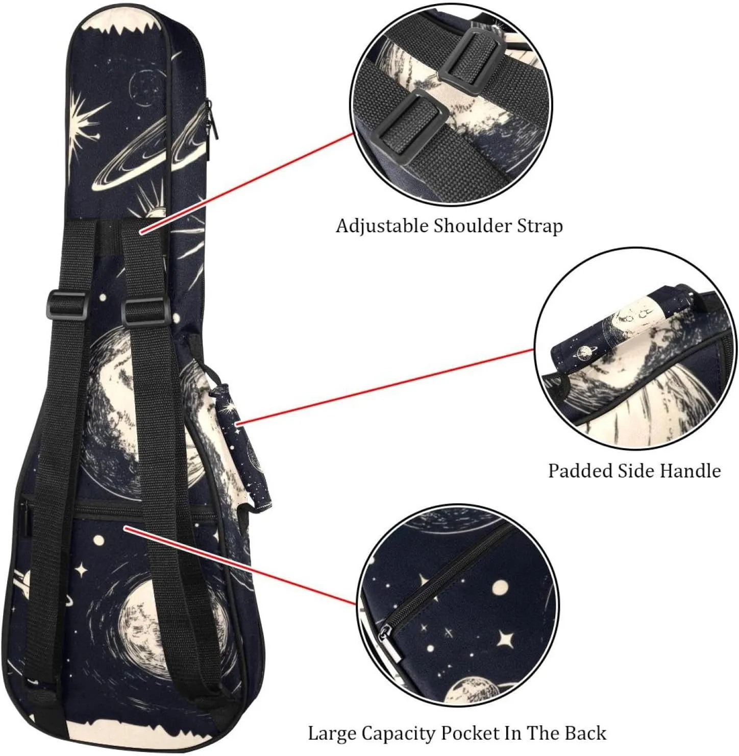 23 Inch Concert Ukulele Case Planets and Moons Universe Ukulele Padded Bag with Storage and Shoulder Straps