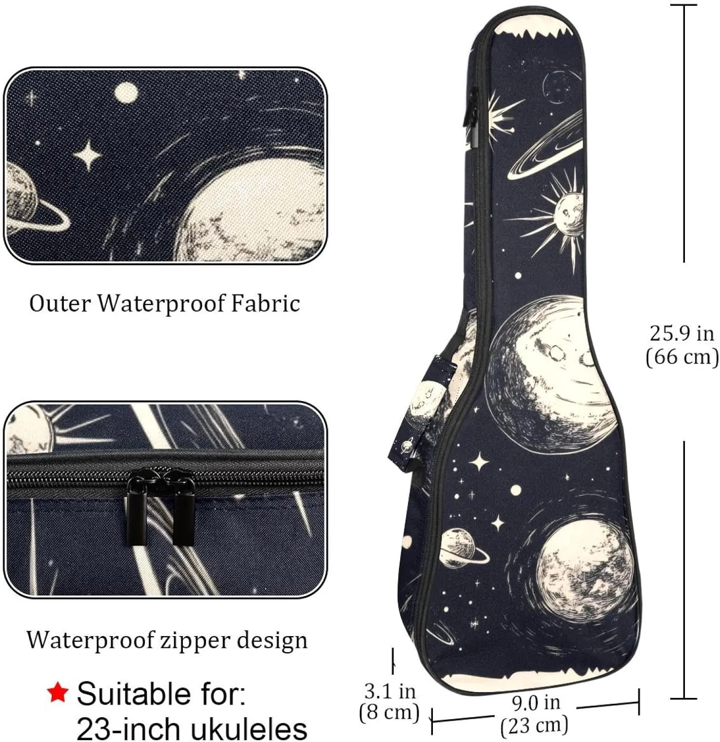 23 Inch Concert Ukulele Case Planets and Moons Universe Ukulele Padded Bag with Storage and Shoulder Straps