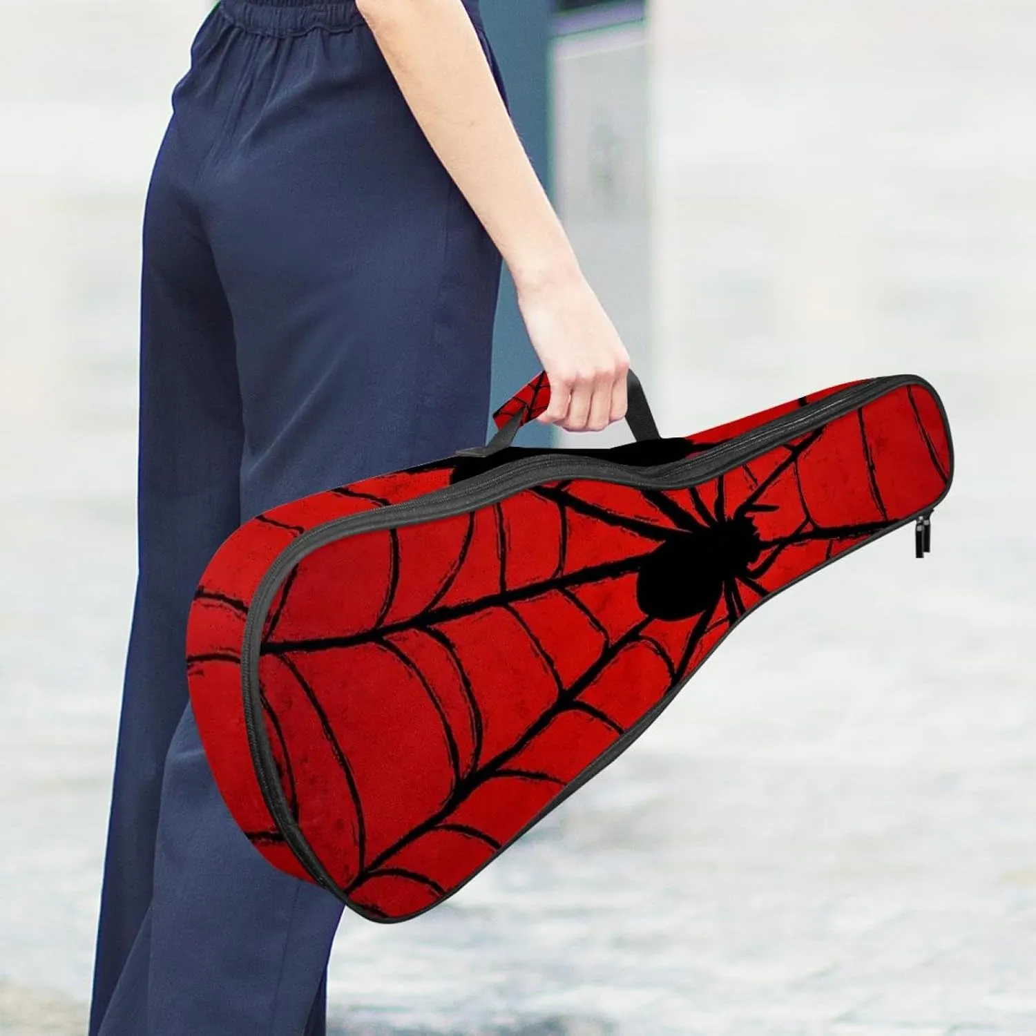 23 Inch Concert Ukulele Case Red Background with Black Spider Web Ukulele Padded Bag with Storage and Shoulder Straps