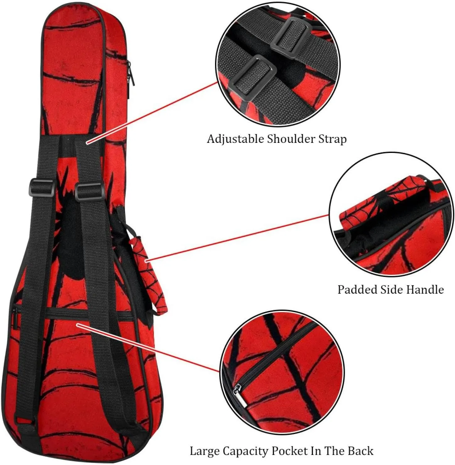23 Inch Concert Ukulele Case Red Background with Black Spider Web Ukulele Padded Bag with Storage and Shoulder Straps