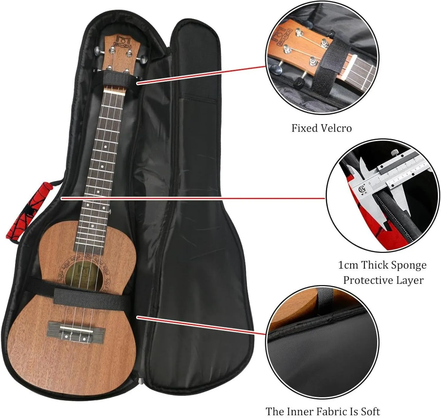 23 Inch Concert Ukulele Case Red Background with Black Spider Web Ukulele Padded Bag with Storage and Shoulder Straps