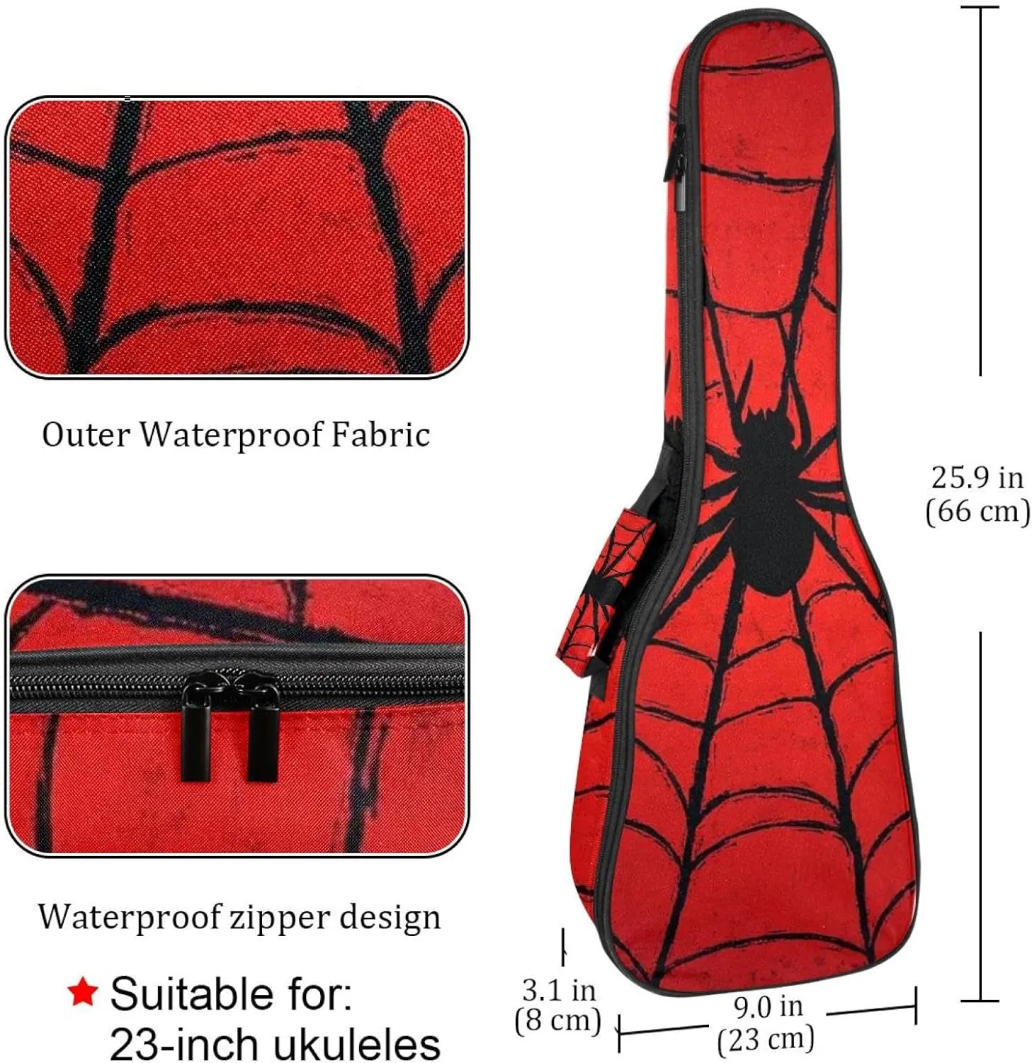 23 Inch Concert Ukulele Case Red Background with Black Spider Web Ukulele Padded Bag with Storage and Shoulder Straps