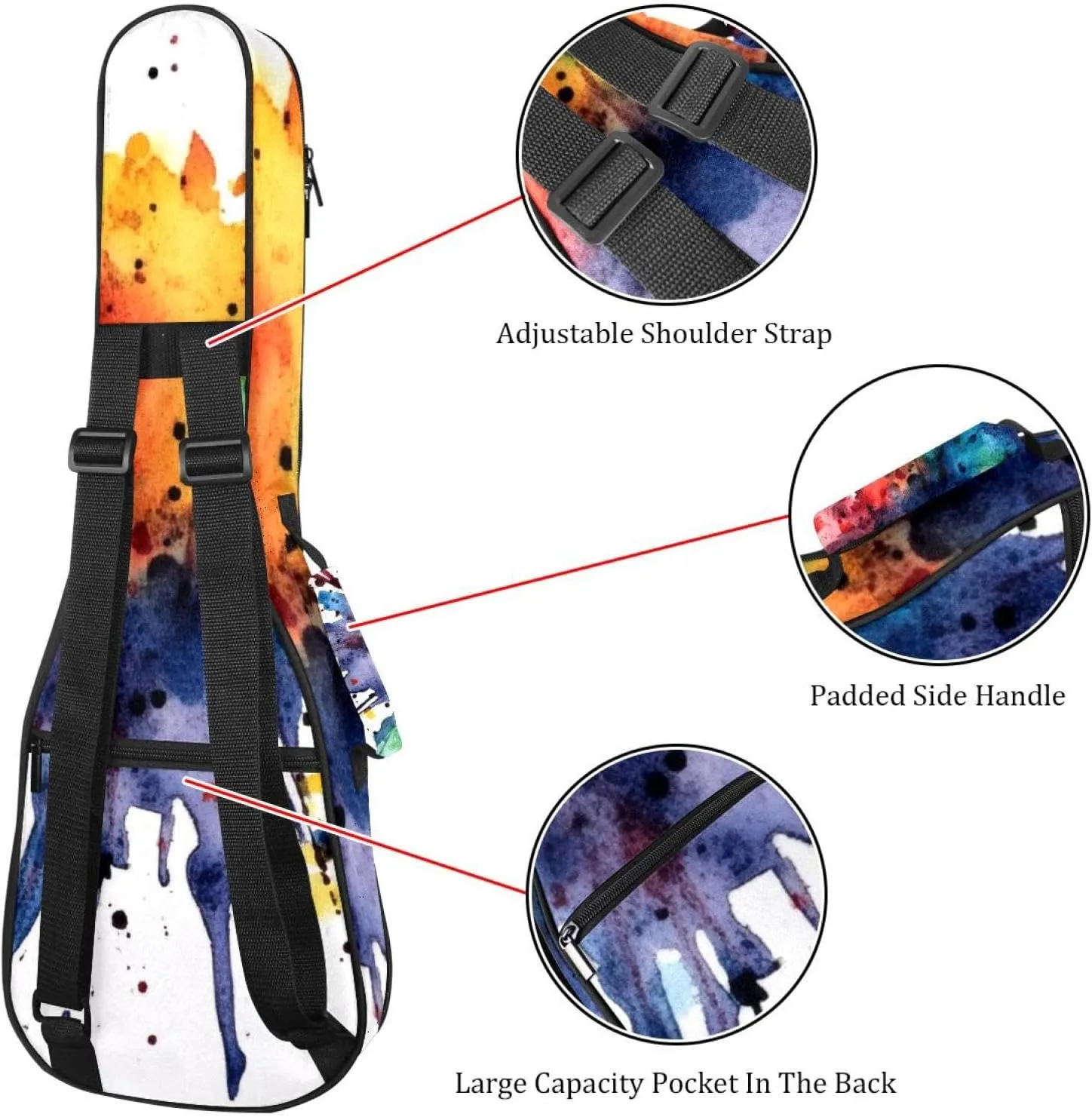 23 Inch Concert Ukulele Case Watercolor Abstract Colorful Texture Ukulele Padded Bag with Storage and Shoulder Straps