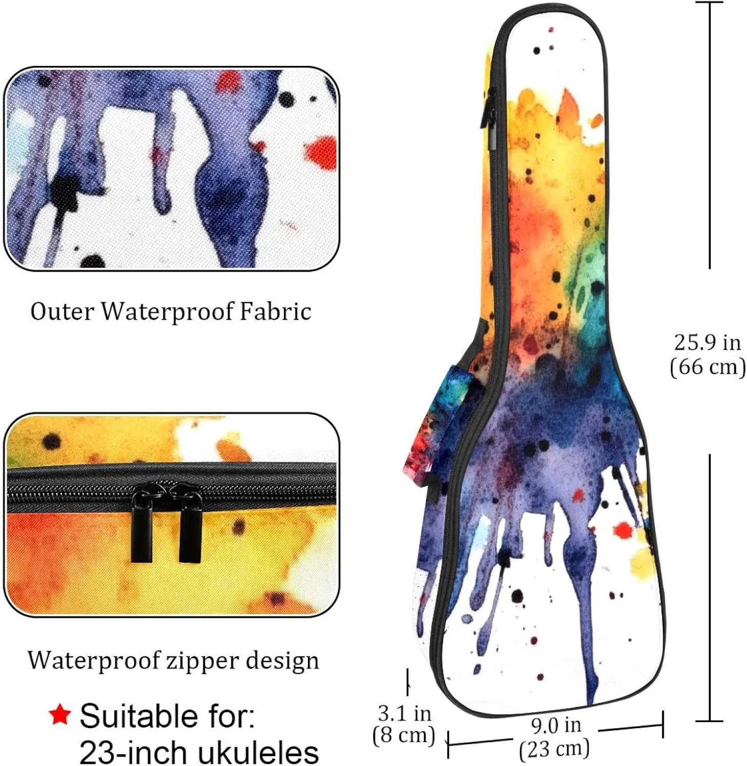 23 Inch Concert Ukulele Case Watercolor Abstract Colorful Texture Ukulele Padded Bag with Storage and Shoulder Straps