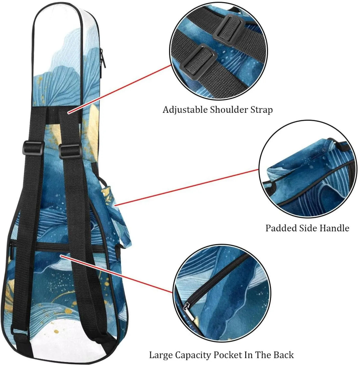 23 Inch Concert Ukulele Case Watercolor Whale Sea Algae with Bubbles and Starfish Ukulele Padded Bag with Storage and Shoulder Straps