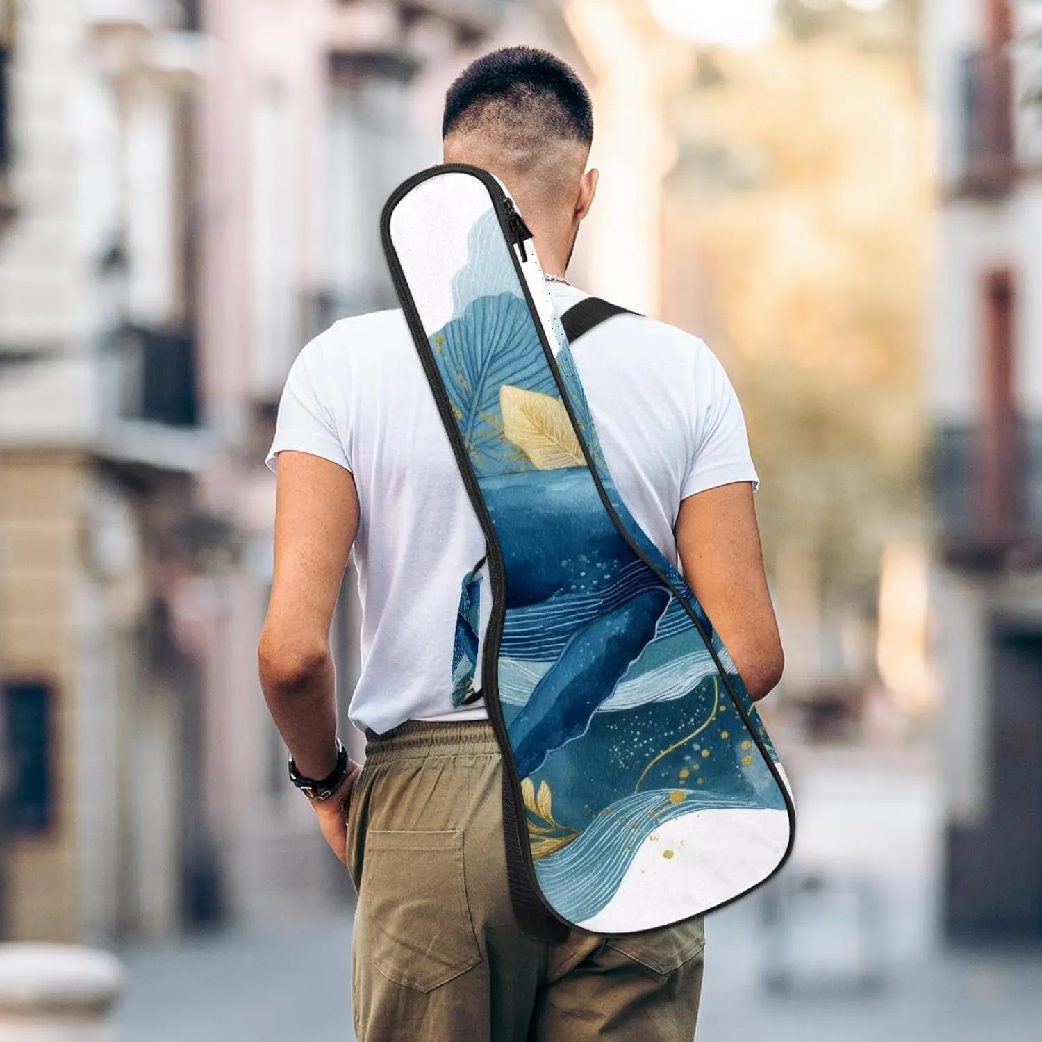 23 Inch Concert Ukulele Case Watercolor Whale Sea Algae with Bubbles and Starfish Ukulele Padded Bag with Storage and Shoulder Straps