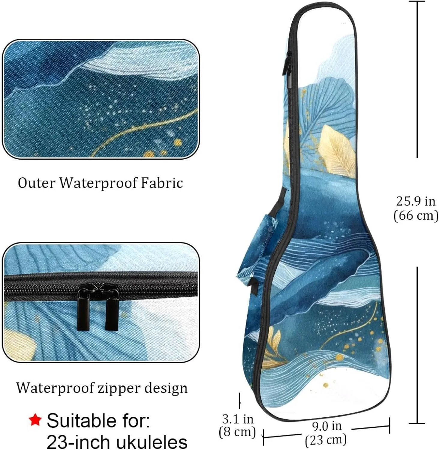 23 Inch Concert Ukulele Case Watercolor Whale Sea Algae with Bubbles and Starfish Ukulele Padded Bag with Storage and Shoulder Straps