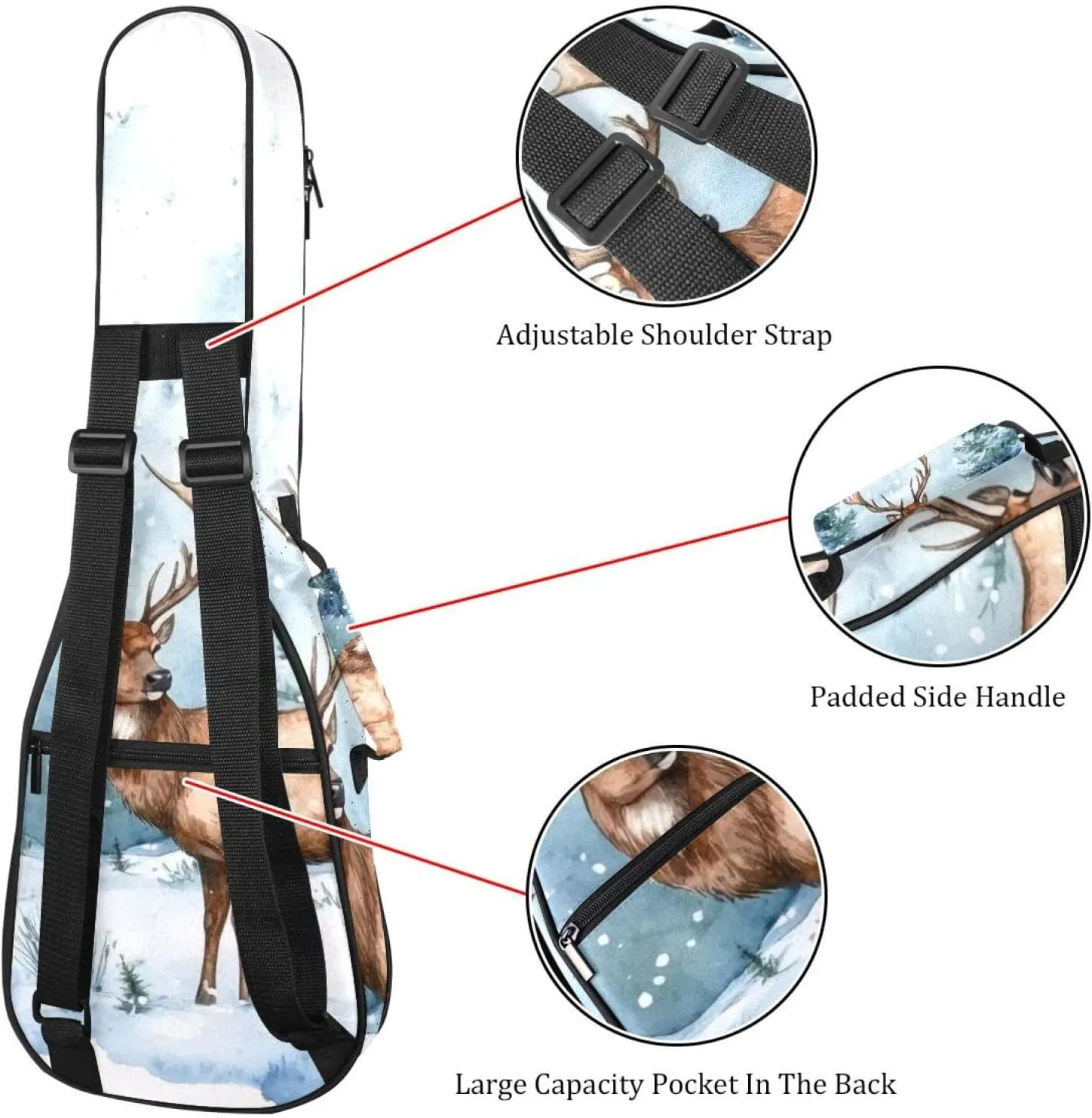 23" Ukulele Bag Art Watercolor Wild Forest Deer Surrounded by Fir Trees Padding Carry Case Ukulele Cover with Storage and Thick Handle