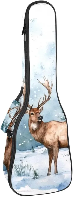 23" Ukulele Bag Art Watercolor Wild Forest Deer Surrounded by Fir Trees Padding Carry Case Ukulele Cover with Storage and Thick Handle
