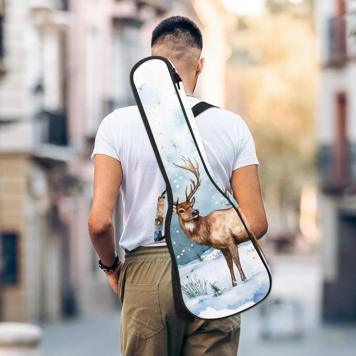 23" Ukulele Bag Art Watercolor Wild Forest Deer Surrounded by Fir Trees Padding Carry Case Ukulele Cover with Storage and Thick Handle
