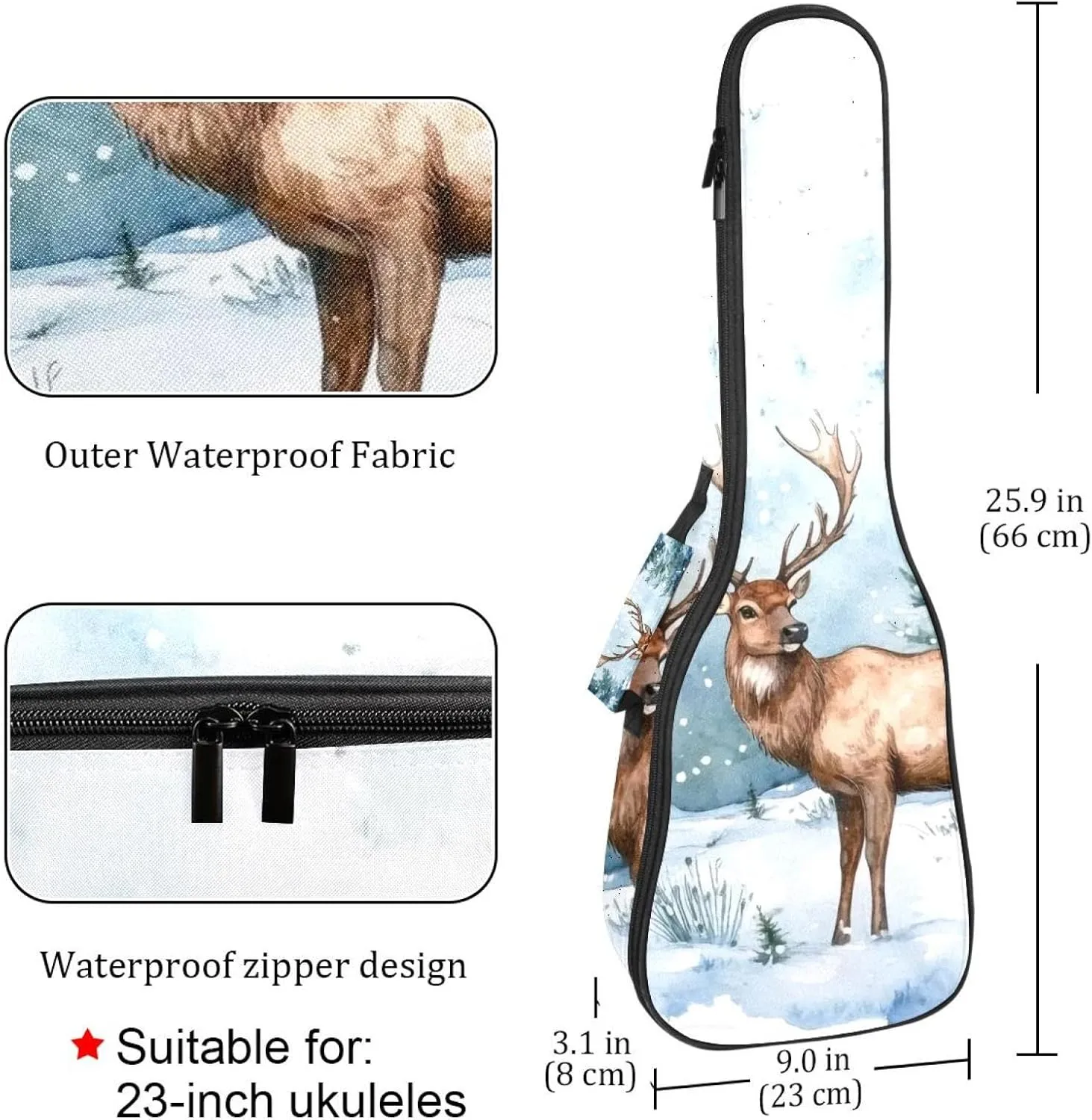23" Ukulele Bag Art Watercolor Wild Forest Deer Surrounded by Fir Trees Padding Carry Case Ukulele Cover with Storage and Thick Handle
