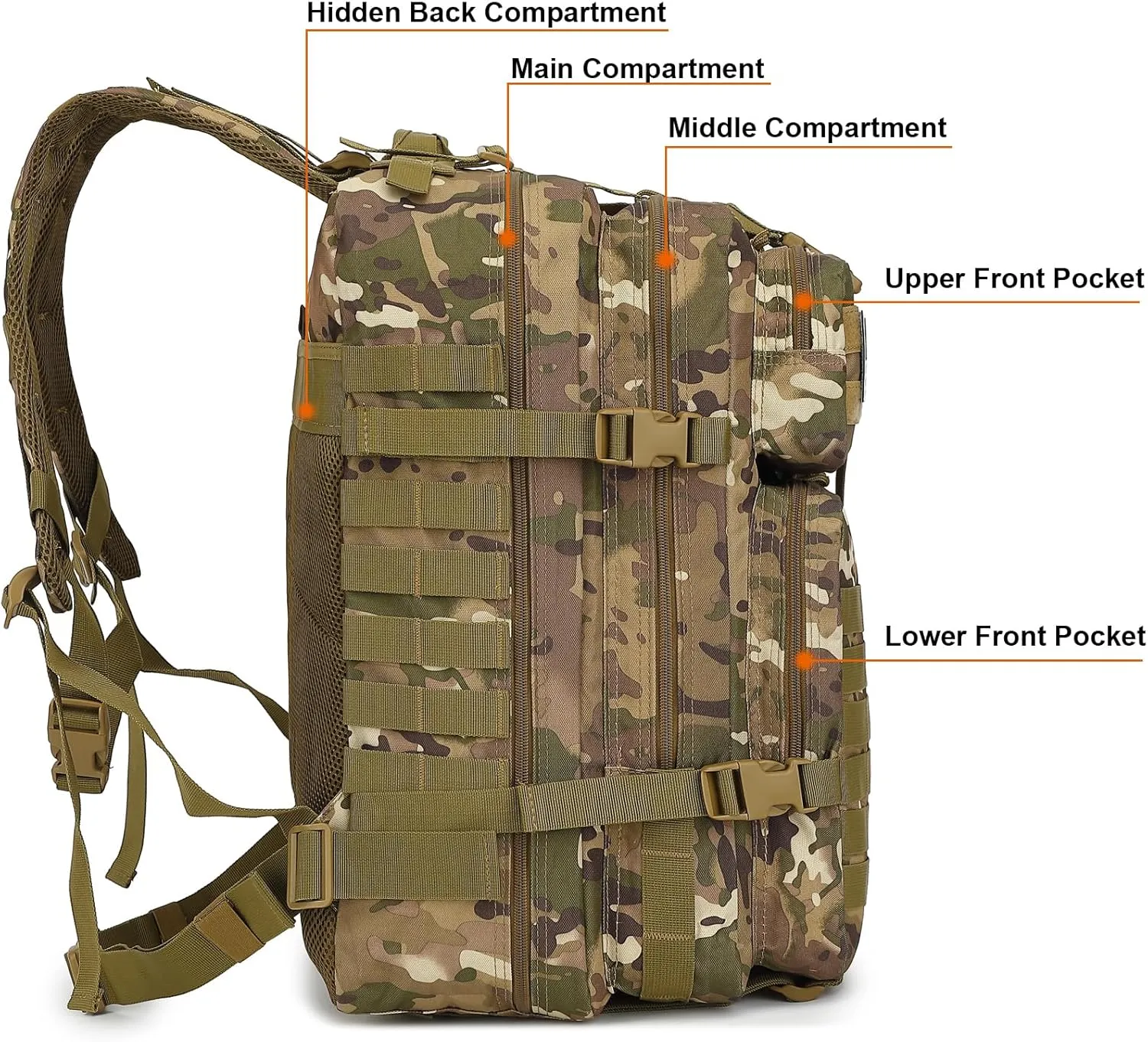 45L Military Tactical Backpack for Men Women, 3 Day Assault Pack Army Camping Molle Bag Hiking Backpacks (CP Camo)