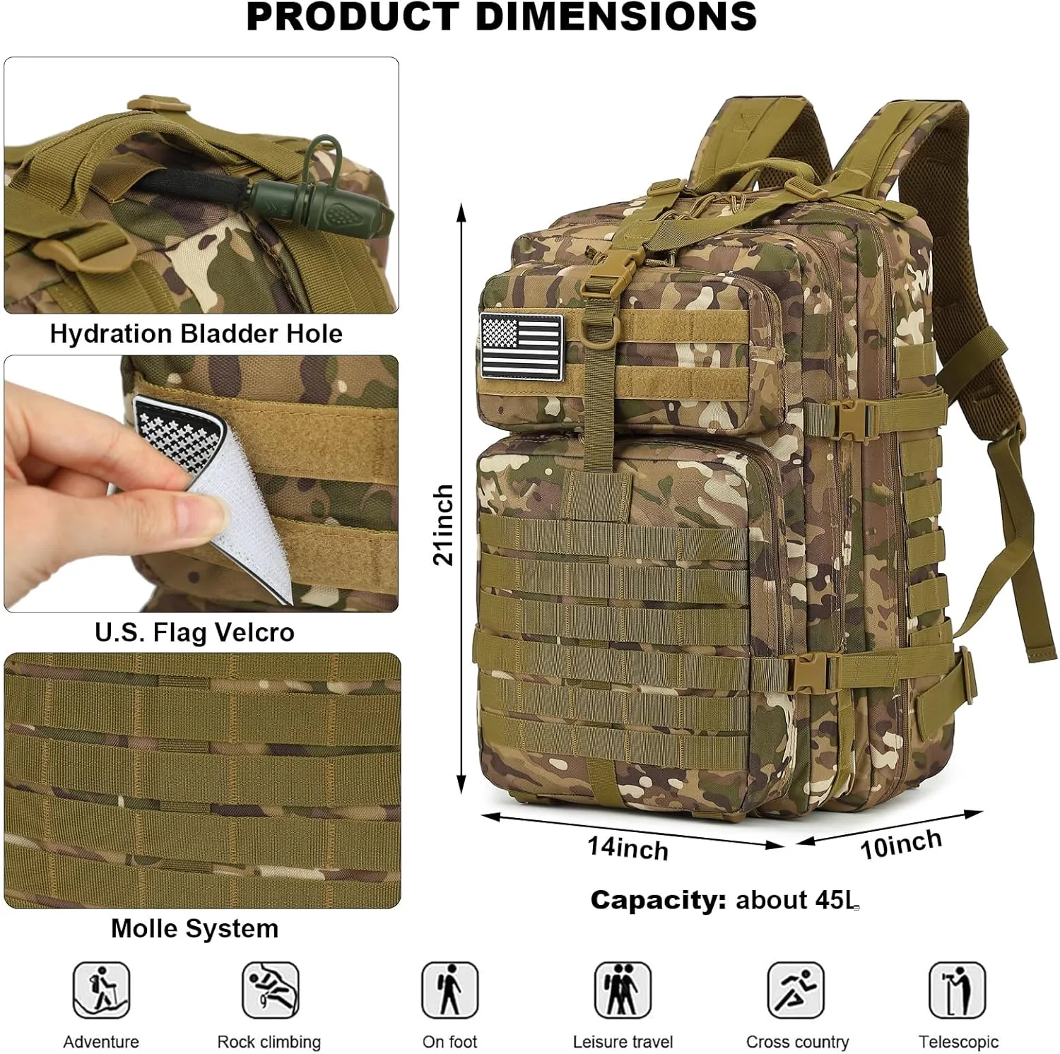 45L Military Tactical Backpack for Men Women, 3 Day Assault Pack Army Camping Molle Bag Hiking Backpacks (CP Camo)