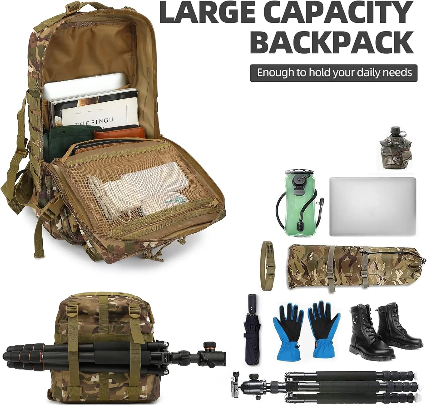 45L Military Tactical Backpack for Men Women, 3 Day Assault Pack Army Camping Molle Bag Hiking Backpacks (CP Camo)