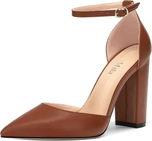 Ankle Strap Heels for Women,Chunky Block Closed Pointed Toe Matte Pumps,Dress Wedding Party Shoes 3 Inch