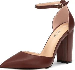 Ankle Strap Heels for Women,Chunky Block Closed Pointed Toe Matte Pumps,Dress Wedding Party Shoes 3 Inch