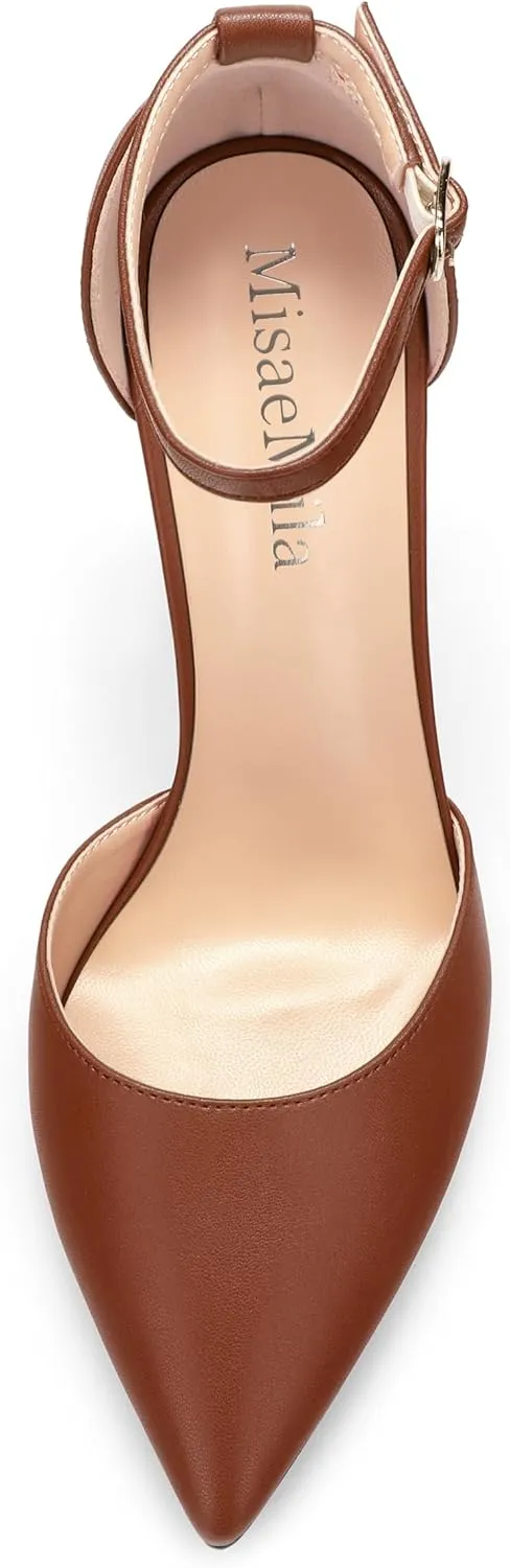 Ankle Strap Heels for Women,Chunky Block Closed Pointed Toe Matte Pumps,Dress Wedding Party Shoes 3 Inch