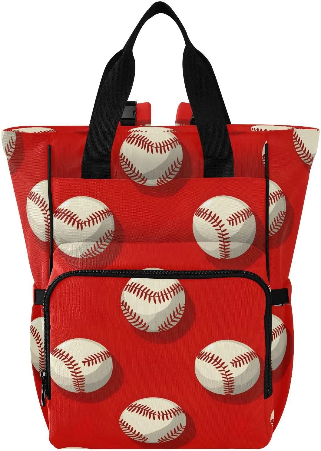 Baby Diaper Bag Backpack Baseball Pattern Red Large Tote Baby Bag for Boys, Girls, Waterproof Multi Function Diaper Backpack, Travel Essentials for Moms