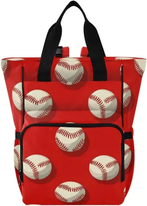 Baby Diaper Bag Backpack Baseball Pattern Red Large Tote Baby Bag for Boys, Girls, Waterproof Multi Function Diaper Backpack, Travel Essentials for Moms