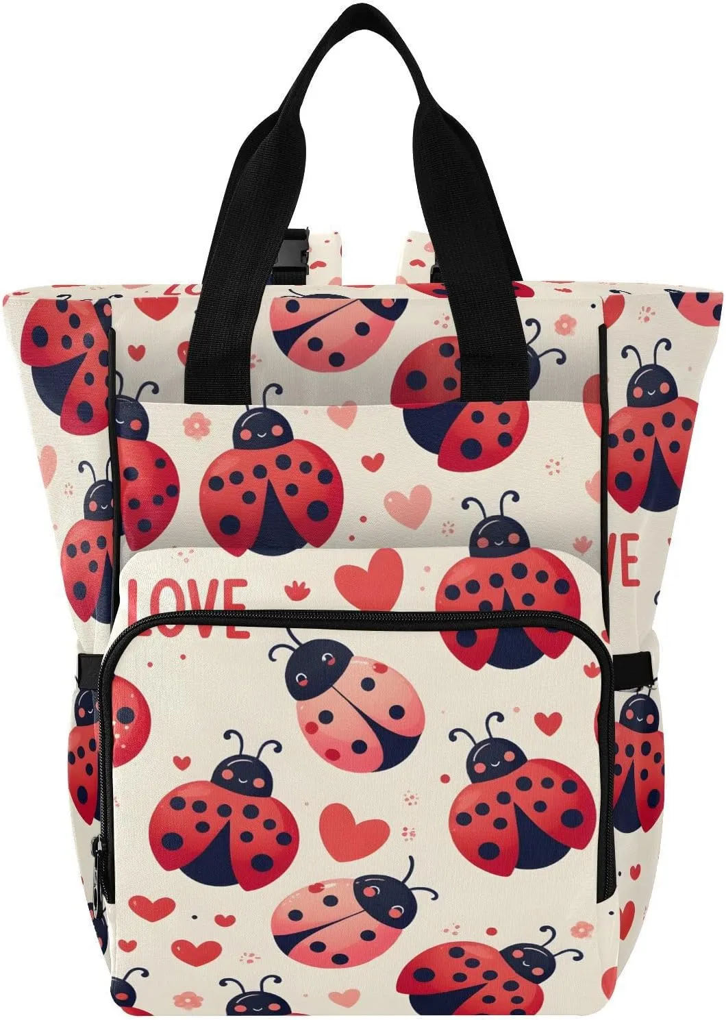 Baby Diaper Bag Backpack Pink Heart Ladybugs Pattern Large Tote Baby Bag for Boys, Girls, Waterproof Multi Function Diaper Backpack, Travel Essentials for Moms