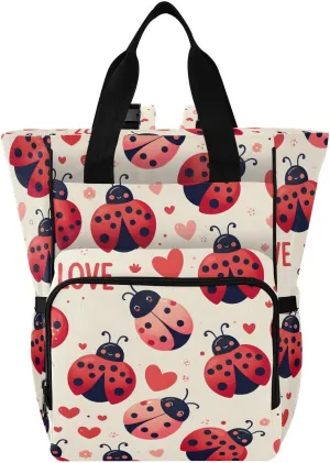Baby Diaper Bag Backpack Pink Heart Ladybugs Pattern Large Tote Baby Bag for Boys, Girls, Waterproof Multi Function Diaper Backpack, Travel Essentials for Moms