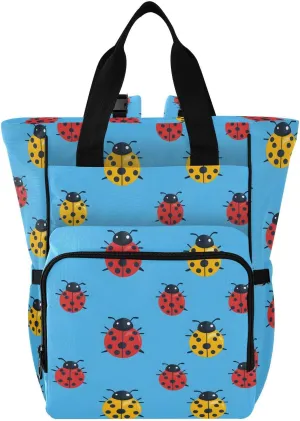 Baby Diaper Bag Backpack Yellow Blue Red Ladybugs Pattern Large Tote Baby Bag for Boys, Girls, Waterproof Multi Function Diaper Backpack, Travel Essentials for Moms