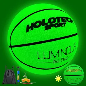 Basketball Glow in The Dark, Cool Glowing Indoor Outdoor Luminous Leather Basketball Green Size 7 for Men (with Pump)