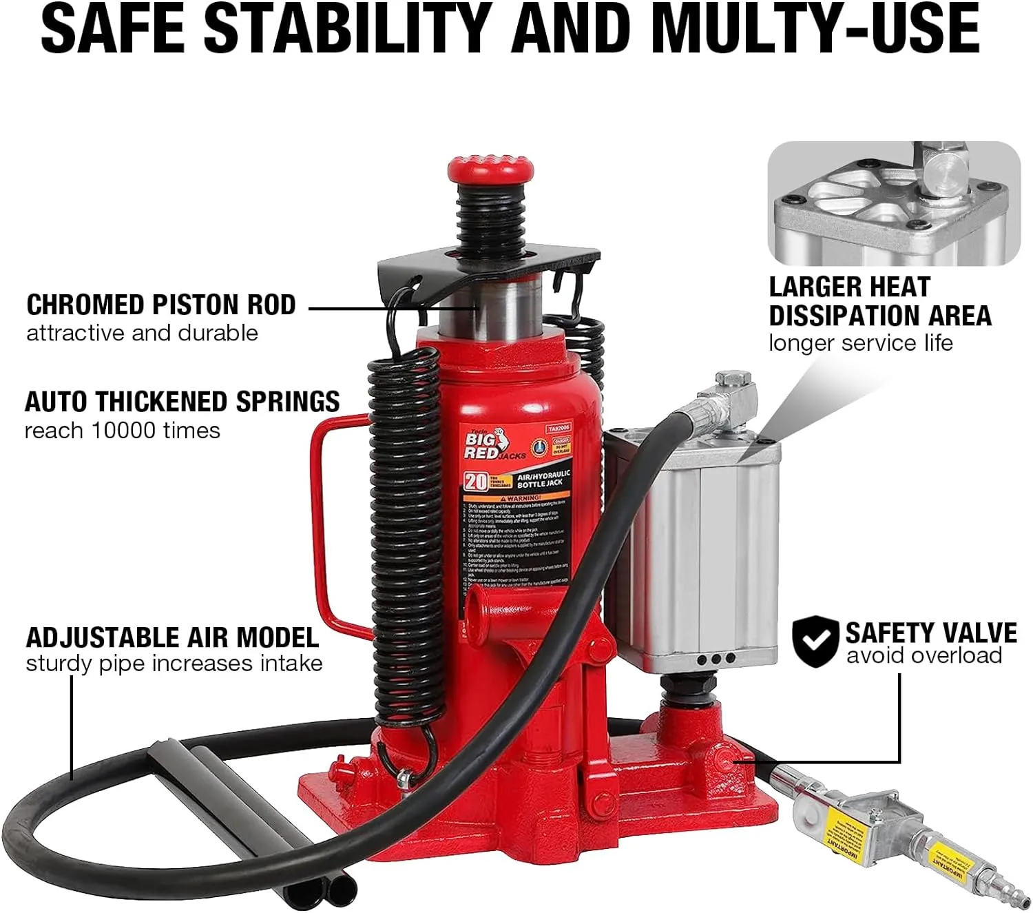 BIG RED 20 Ton Hydraulic Aluminum Alloy Pump/Pneumatic Quick Lift Welded Car Bottle Jack, Longer Lifespan, Ideal for Car, Pickup, Truck, SUV, Industrial Engineering