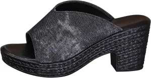 BILIKEYU Womens Wedge Platform Slides Open Toe V Cut Denim Strap Chunky Block Heel Thick Sole Slip on Summer Beach Sandal