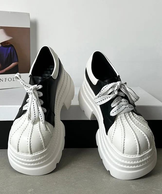 Black White Women Splicing Platform Loafer Shoes Lace Up