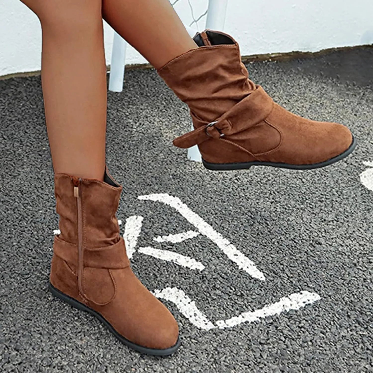 Brand Women's Casual Ankle Boots - Flat Fringe Mid Calf Low Heel Fashion Slouchy Suede Round Toe Slip On Zipper Booties for Winter Fall Dress Short Boots Comfort Outdoor Snow Boots