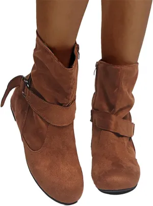 Brand Women's Casual Ankle Boots - Flat Fringe Mid Calf Low Heel Fashion Slouchy Suede Round Toe Slip On Zipper Booties for Winter Fall Dress Short Boots Comfort Outdoor Snow Boots