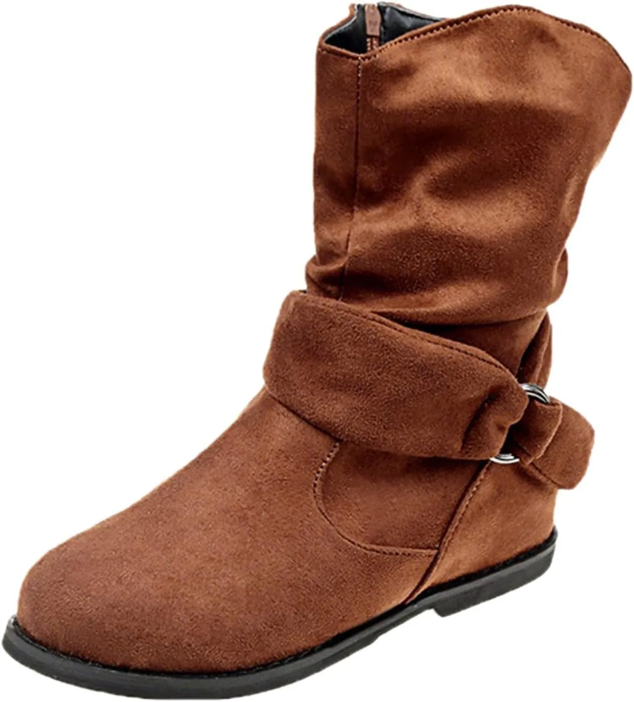 Brand Women's Casual Ankle Boots - Flat Fringe Mid Calf Low Heel Fashion Slouchy Suede Round Toe Slip On Zipper Booties for Winter Fall Dress Short Boots Comfort Outdoor Snow Boots