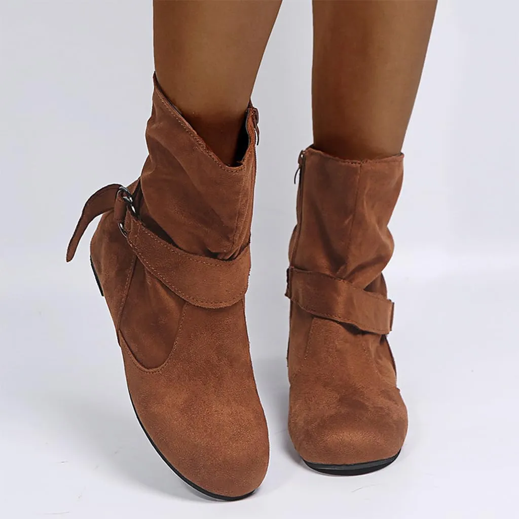 Brand Women's Casual Ankle Boots - Flat Fringe Mid Calf Low Heel Fashion Slouchy Suede Round Toe Slip On Zipper Booties for Winter Fall Dress Short Boots Comfort Outdoor Snow Boots