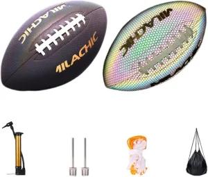 Bright Football Glow in The Dark Football Youth, Holographic Football Reflective Glowing Footballs for, Teens and Adults, Composite Leather Football with Pump