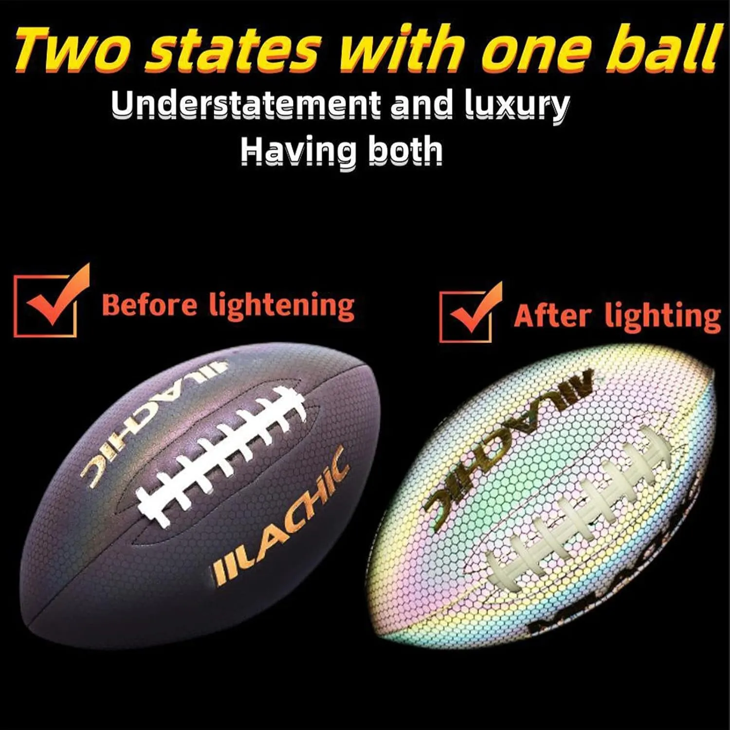 Bright Football Glow in The Dark Football Youth, Holographic Football Reflective Glowing Footballs for, Teens and Adults, Composite Leather Football with Pump
