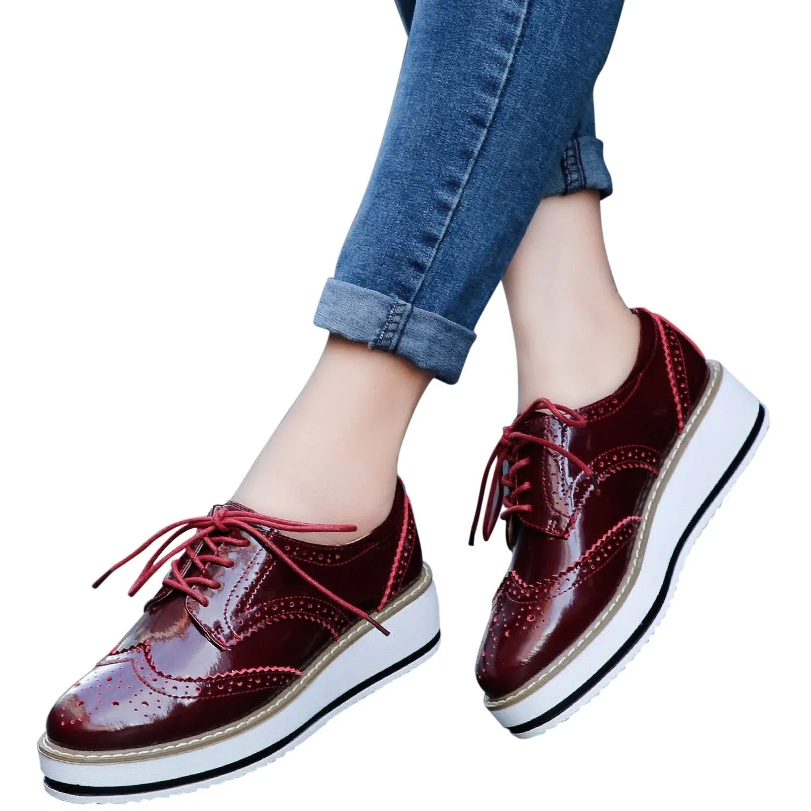 Brogue Wingtip Loafers KIJBLAE Lace-Up 42 Red Platform Oxford Heels Functional Chunky Contemporary Shoes