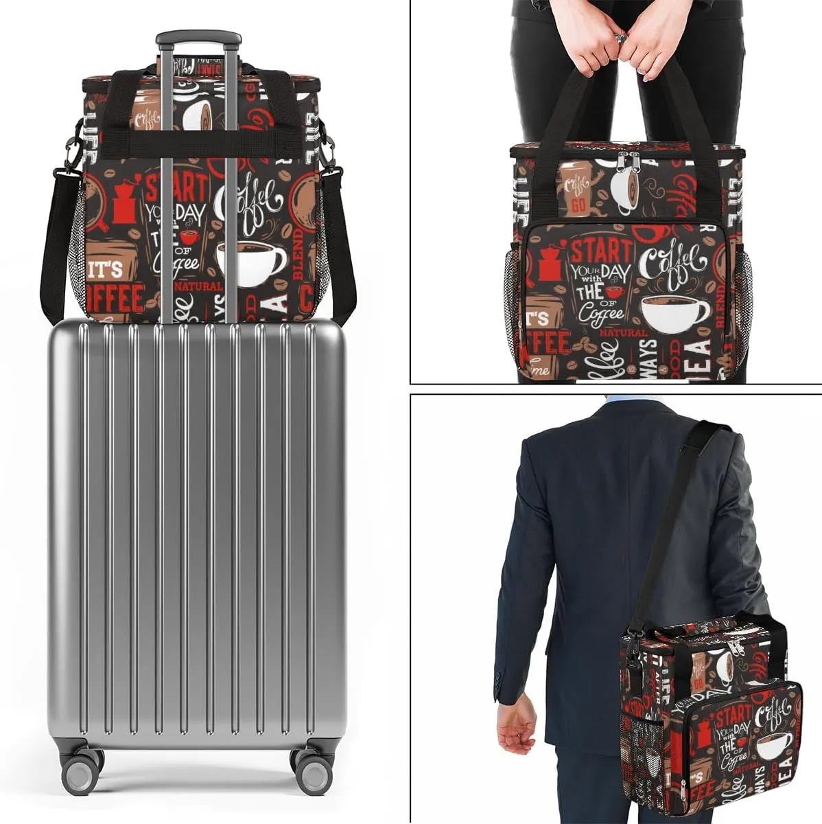 Brown and Red Coffee Cafe Coffee Maker Carring Bag Travel Carrying Storage Tote Bag Compatible with Keurig K-Mini or K-Mini Plus Portable Single Serve Coffee Brewer Case with Pockets for K-cup Pods