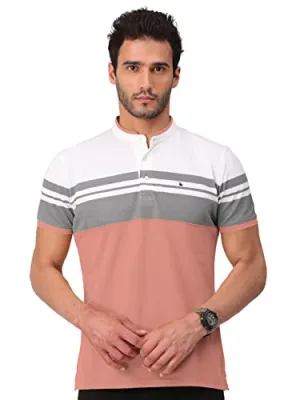 BULLMER Mens Cotton Henley Neck/Chinese Collar Tshirt - Onion Pink_X-Large