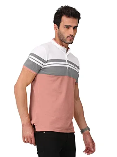 BULLMER Mens Cotton Henley Neck/Chinese Collar Tshirt - Onion Pink_X-Large