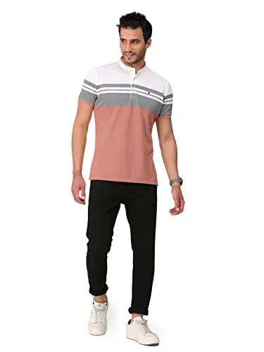 BULLMER Mens Cotton Henley Neck/Chinese Collar Tshirt - Onion Pink_X-Large