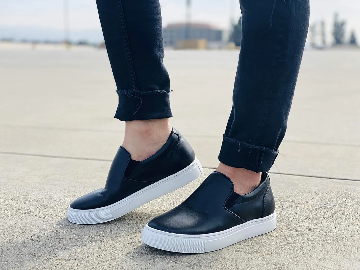 CALTO Men's Invisible Height Increasing Elevator Shoes - Black Leather Slip-on Lightweight Casual Loafers - 2.4 Inches Taller - T1021 - Size 6.5 D(M) US