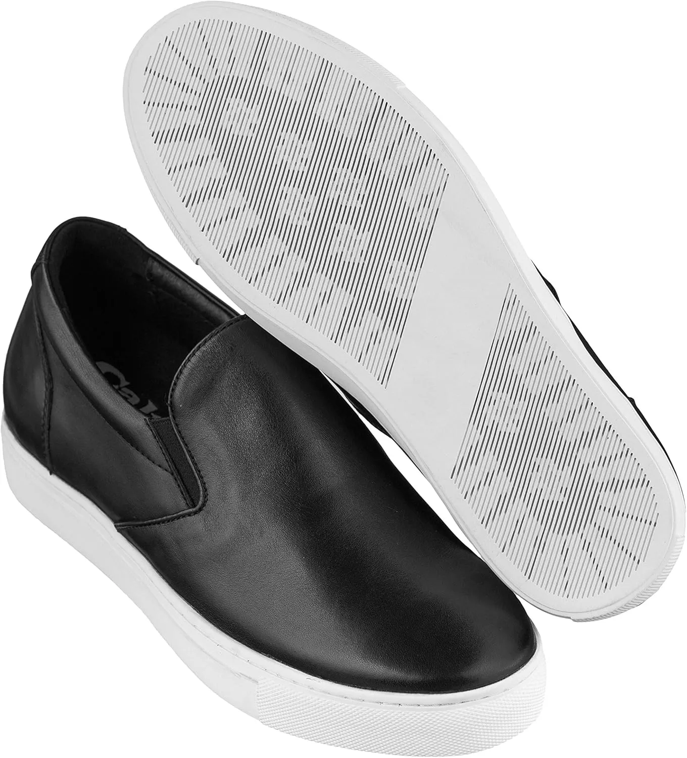 CALTO Men's Invisible Height Increasing Elevator Shoes - Black Leather Slip-on Lightweight Casual Loafers - 2.4 Inches Taller - T1021 - Size 6.5 D(M) US