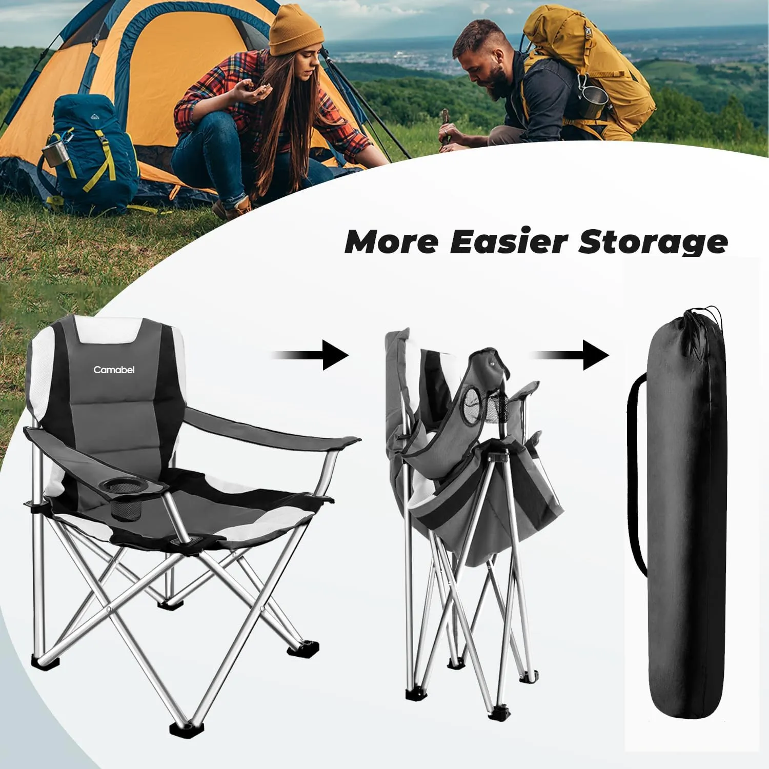 Camabel Folding Camping Chairs Oversized Heavy Duty Padded 400 LBS Beach Chair Portable Outdoor Lawn Chairs with Cup Holder Carry Bag for Sporting Hiking Picnics Fishing Grey