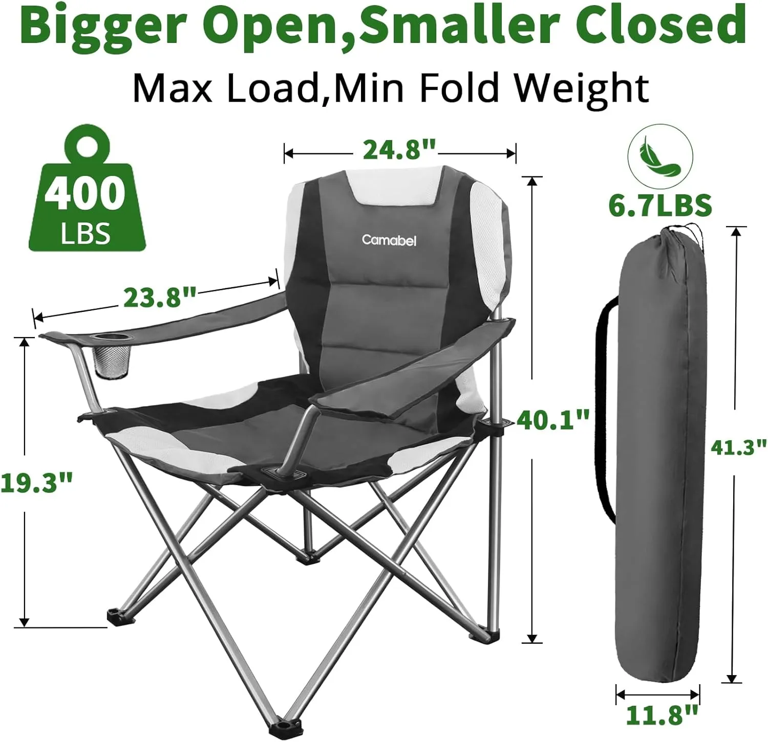 Camabel Folding Camping Chairs Oversized Heavy Duty Padded 400 LBS Beach Chair Portable Outdoor Lawn Chairs with Cup Holder Carry Bag for Sporting Hiking Picnics Fishing Grey