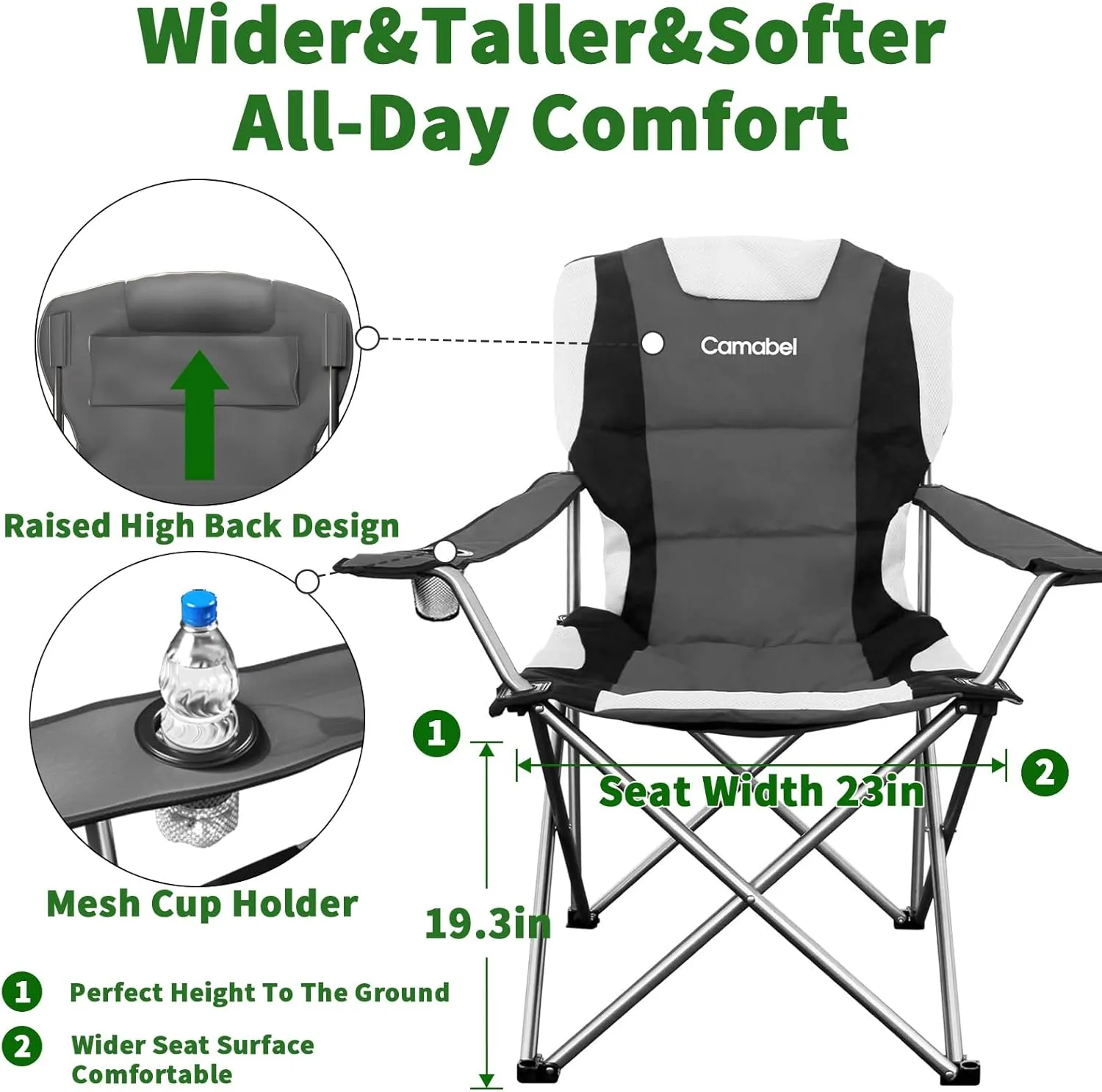 Camabel Folding Camping Chairs Oversized Heavy Duty Padded 400 LBS Beach Chair Portable Outdoor Lawn Chairs with Cup Holder Carry Bag for Sporting Hiking Picnics Fishing Grey